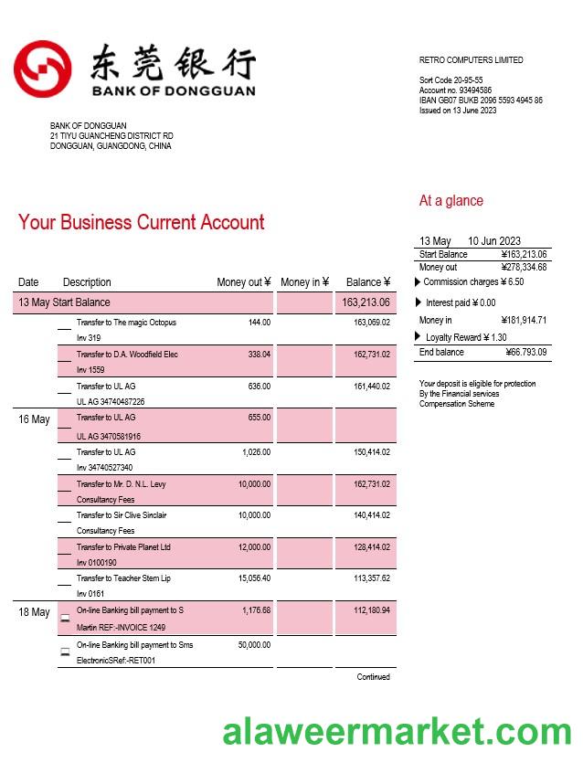Bank of Dongguan organization account statement Word and PDF template
